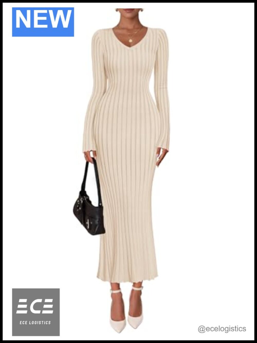 Ribbed Knit Sweater Dress Long Sleeve V Neck Bodycon Maxi Party Cocktail